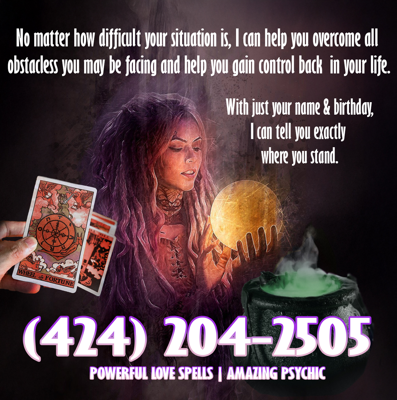 Witch looking woman holding a moon and the business phone number.